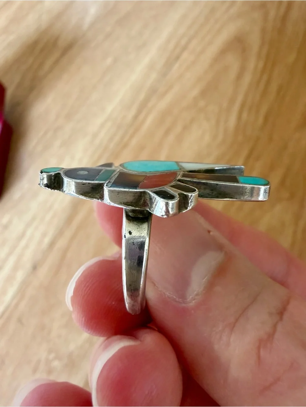 Vintage Native American Zuni Sterling Silver Turquoise Inlay Bird Ring Size 6